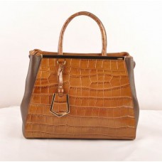 Fendi 2jours Coffee Crocodile Veins Leather With Dark Coffee Ferrari Leather Medium Bag