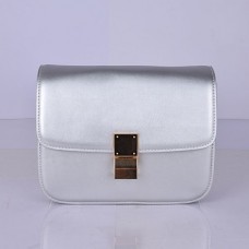 Celine Classic Box Torebka z klapką ze skóry cielęcej w kolorze srebrnym Celine Classic Box Torebka z klapką ze skóry cielęcej w kolorze srebrnym