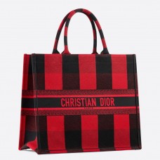 Torba typu tote Dior Book z płótna z haftowaną kratką w kolorze czerwonym/czarnym